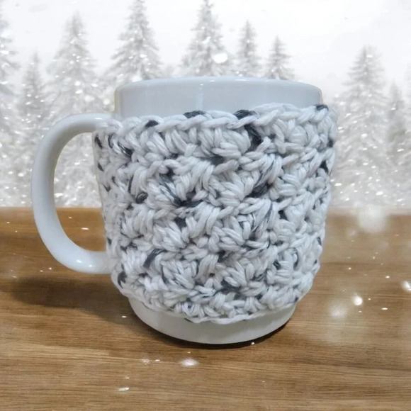 Crochet Cup Cozy White and Black Coffee Mug or Tea Warmer - Picture 4 of 6